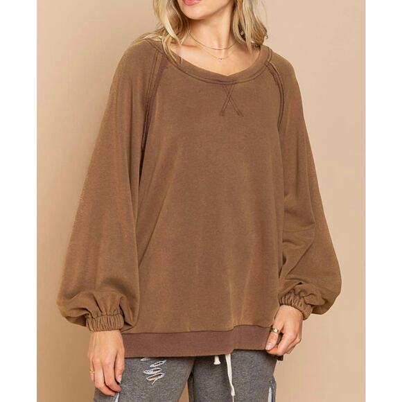 POL Women’s Brown French Terry Criss Criss Sweatshirt Sz M - Picture 3 of 8